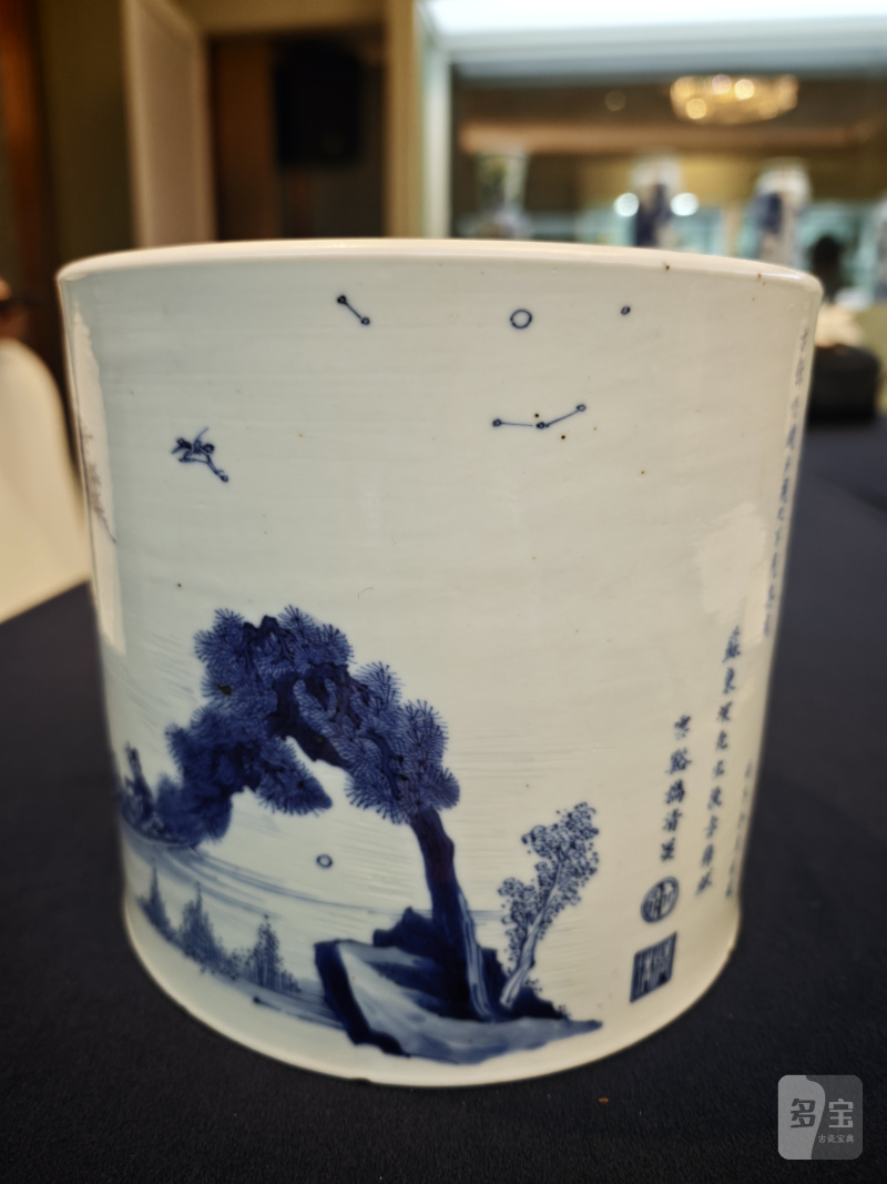 清康熙 青花诗文人物笔筒 - 图11